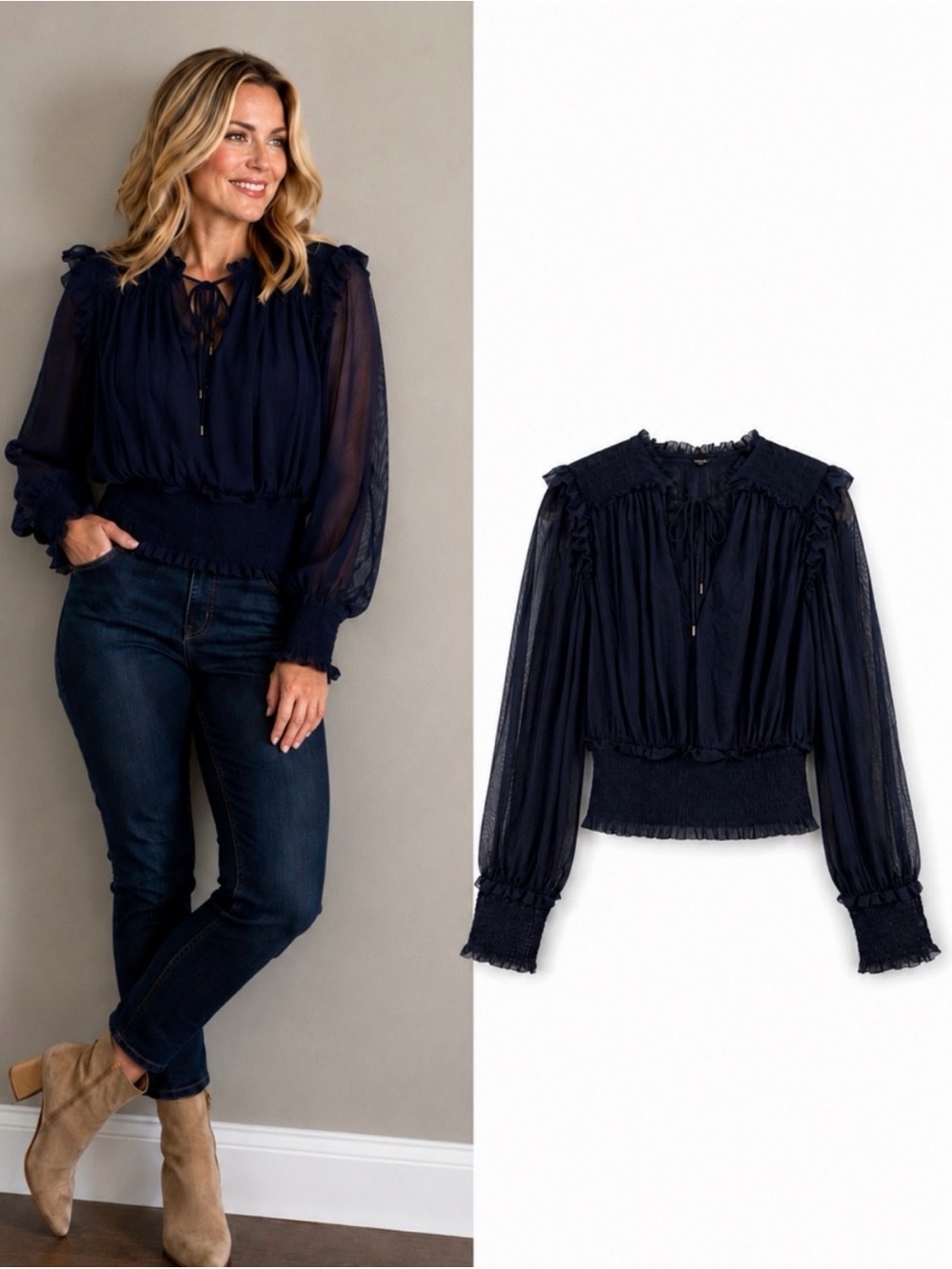 Free People Twyla Cropped Top Indigo Lost Navy Sheer Peasant Ruffle Ruched